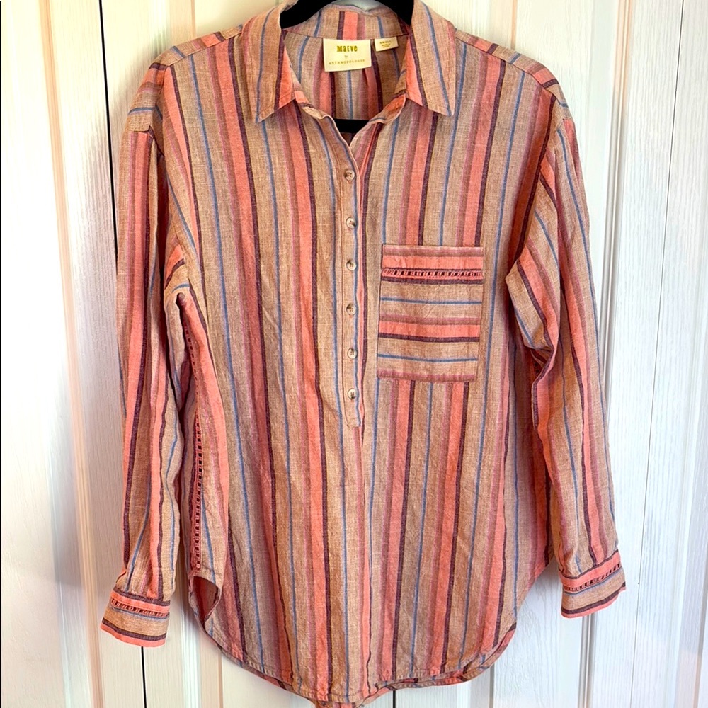 Maeve by Anthropology Linen Blend Long Sleeve Popover Striped Lida Top. Size SM